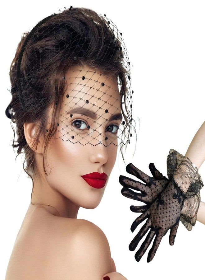 PKRFCJ Birdcage Veil, Black Fascinator Veils for Women Face Veil with Black Lace Gloves for Wedding Cocktail Party Girls Birthday Women Clothing Accessories - Image 1